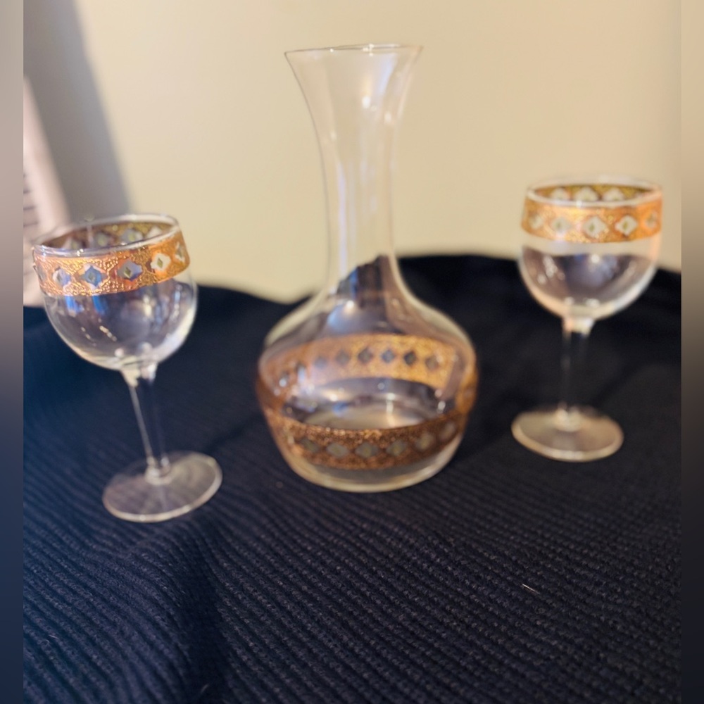 Elegant Culver “Valencia” Glass Carafe Decanter wine glass Set with 22 ct. Gold